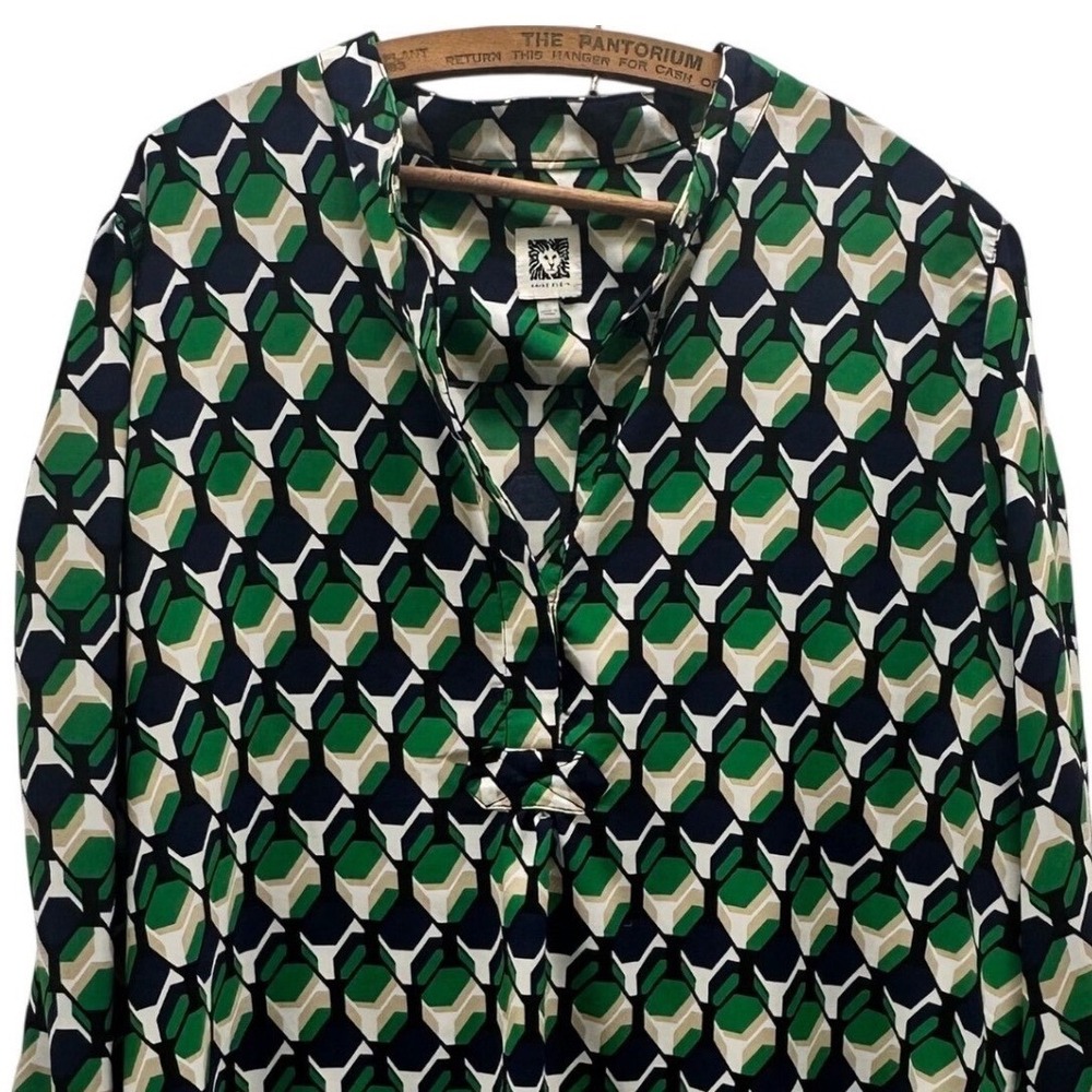 Anne Klein Geometric Print Tunic Blouse Women XL‎ Green Navy Excellent V-Neck